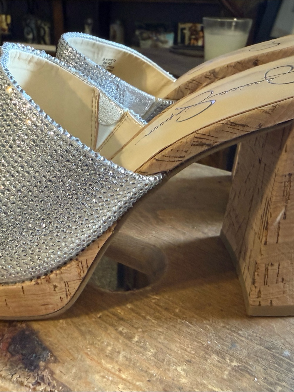 Jessica Simpson Silver Crystal Cork-Wedge Mules , NWOT size 9 - Picture 2 of 6